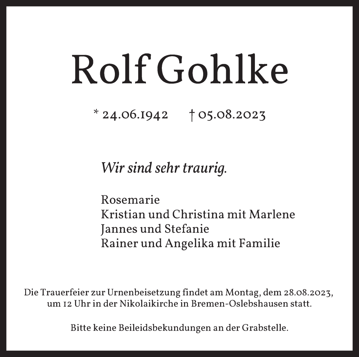 Traueranzeige von Rolf Gohlke von WESER-KURIER
