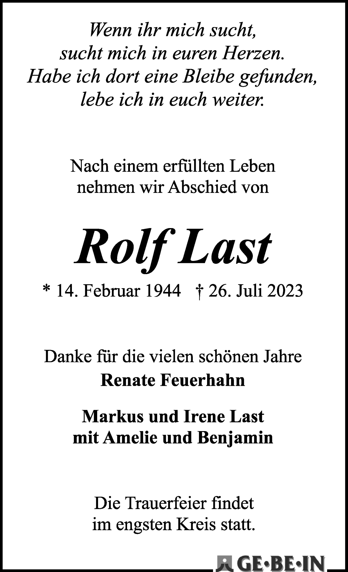 Traueranzeige von Rolf Last von WESER-KURIER