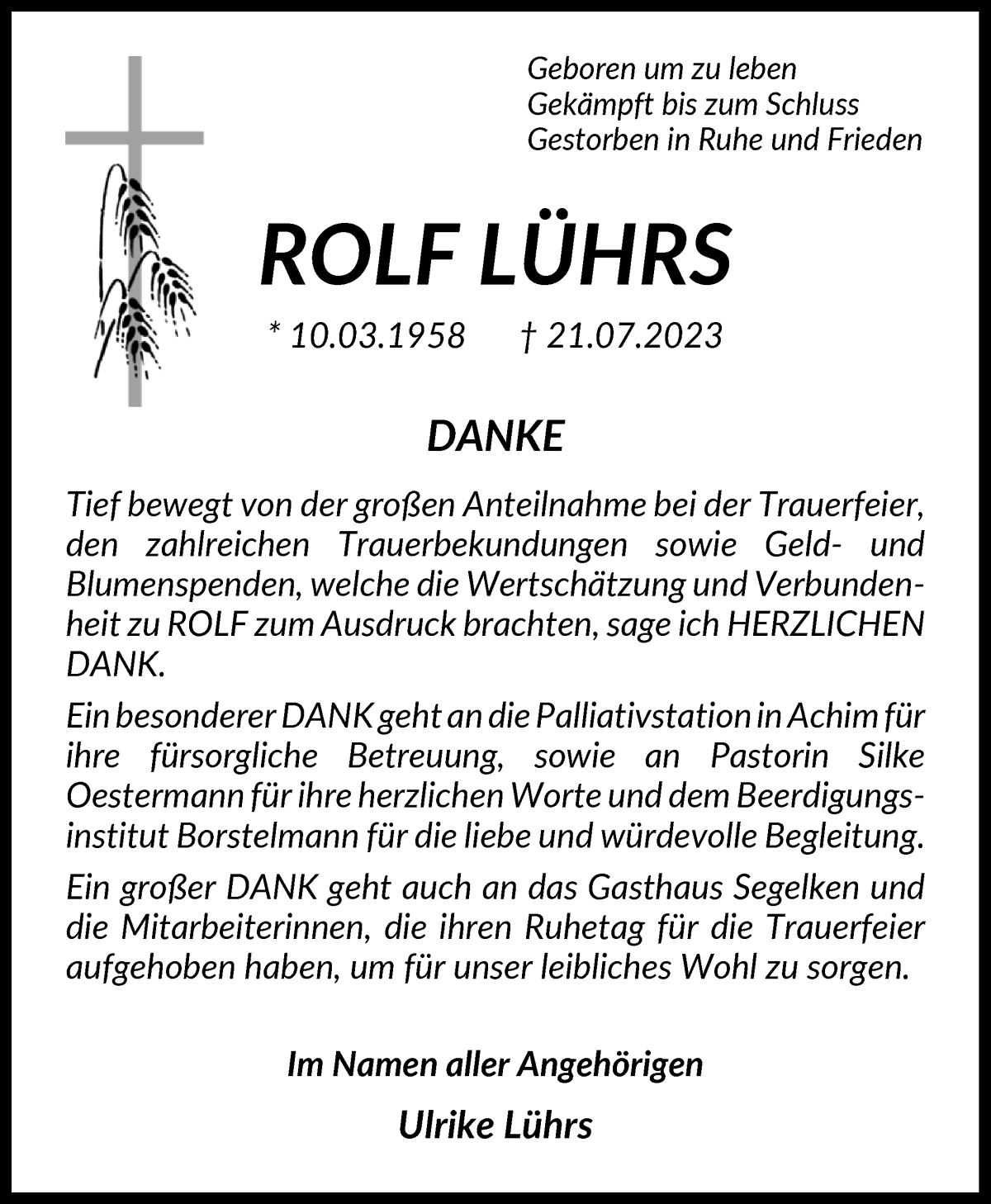 Traueranzeige von Rolf Lührs von WESER-KURIER