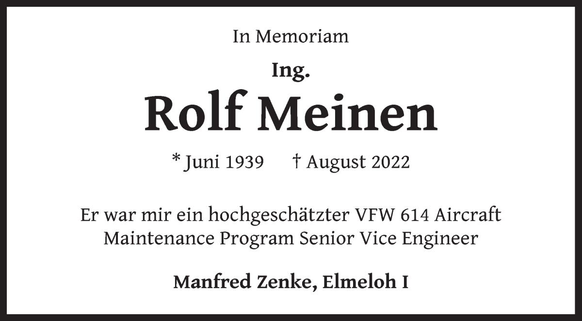 Traueranzeige von Rolf Meinen von WESER-KURIER
