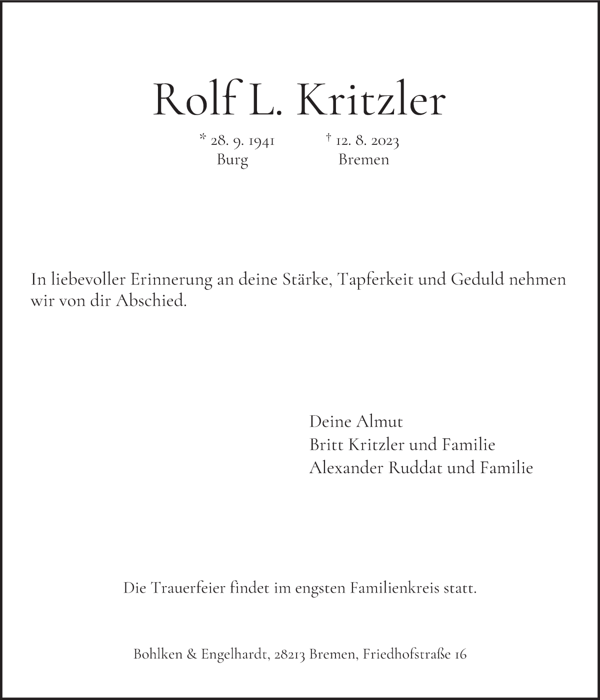 Traueranzeige von Rolf L. Kritzler von WESER-KURIER