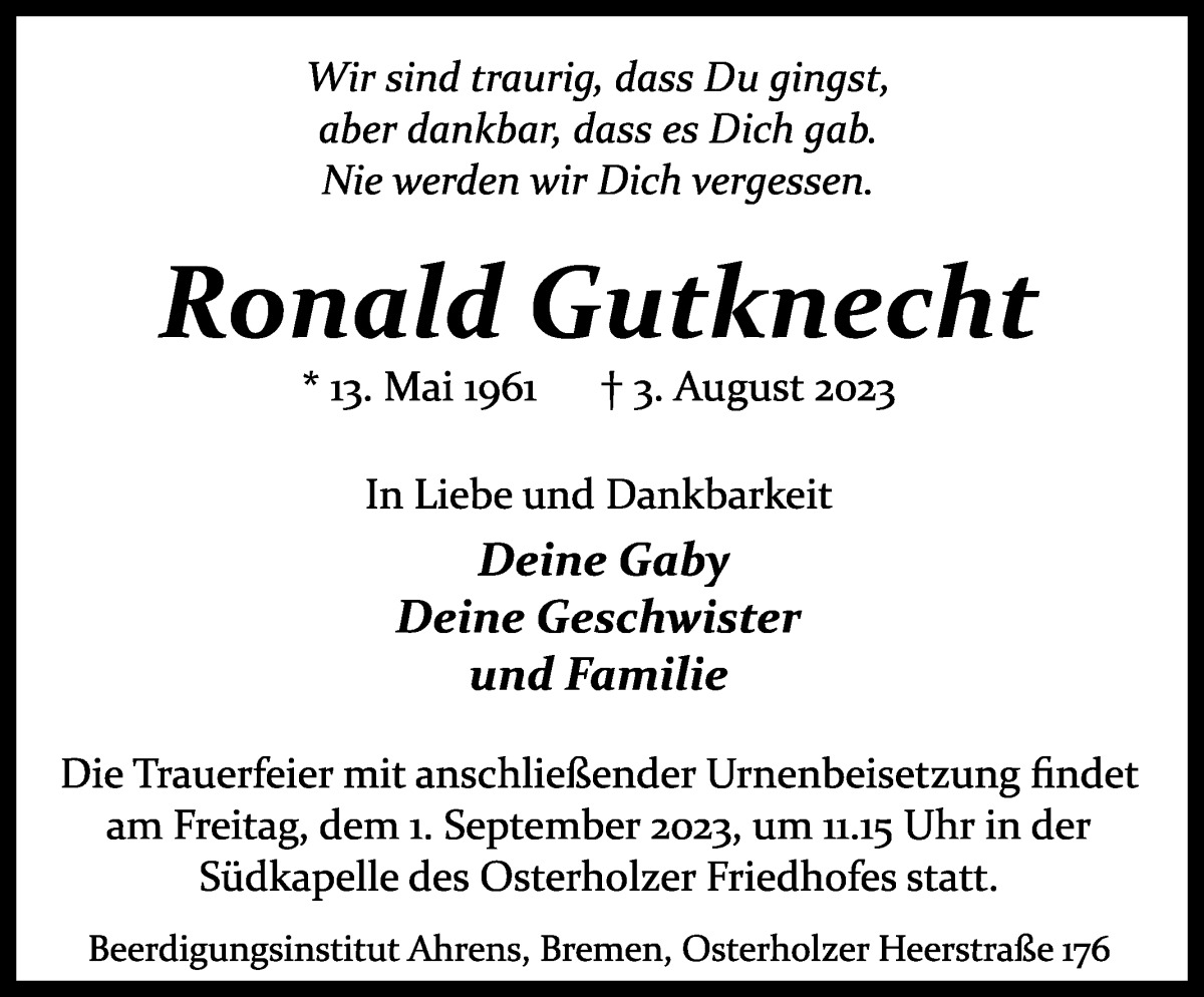 Traueranzeige von Ronald Gutknecht von WESER-KURIER