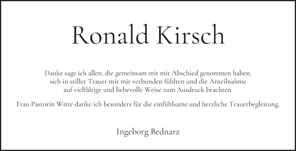 Traueranzeige von Ronald Kirsch von WESER-KURIER