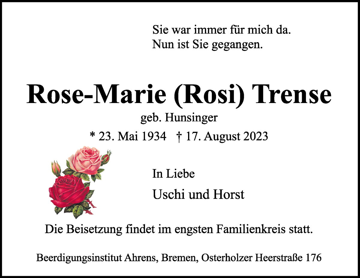 Traueranzeige von Rose-Marie Trense von WESER-KURIER