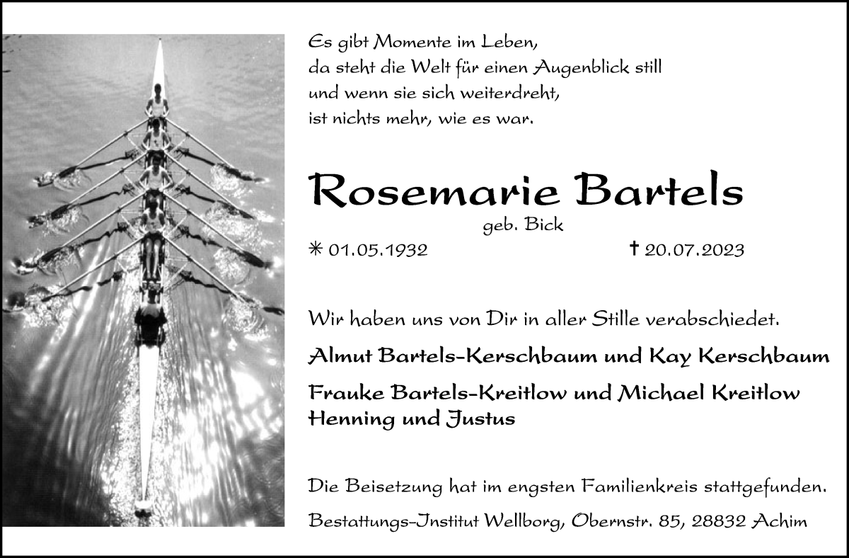 Traueranzeige von Rosemarie Bartels von WESER-KURIER