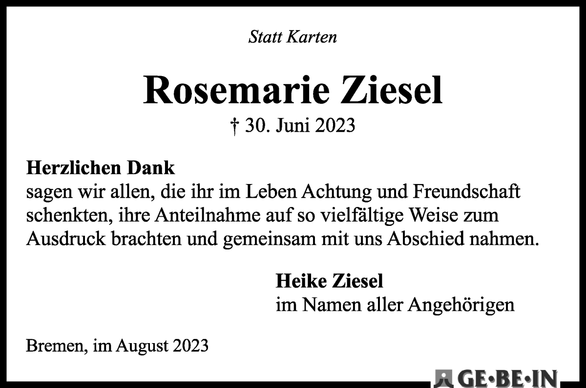 Traueranzeige von Rosemarie Ziesel von WESER-KURIER