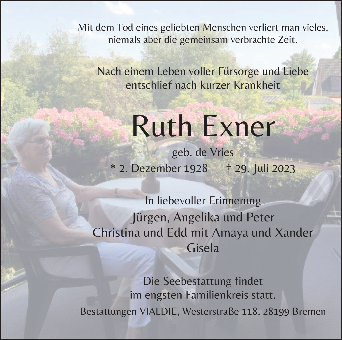 Traueranzeige von Ruth Exner von WESER-KURIER