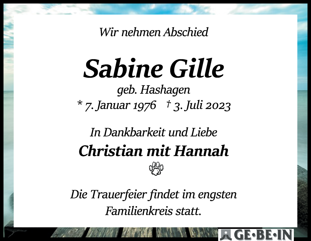 Traueranzeige von Sabine Gille von WESER-KURIER