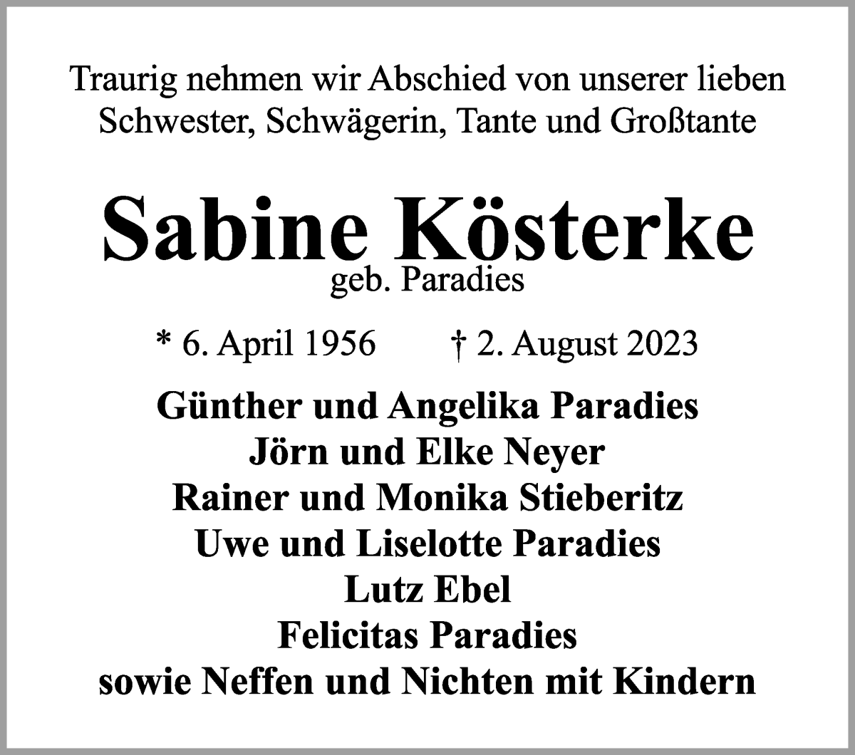 Traueranzeige von Sabine Kösterke von WESER-KURIER