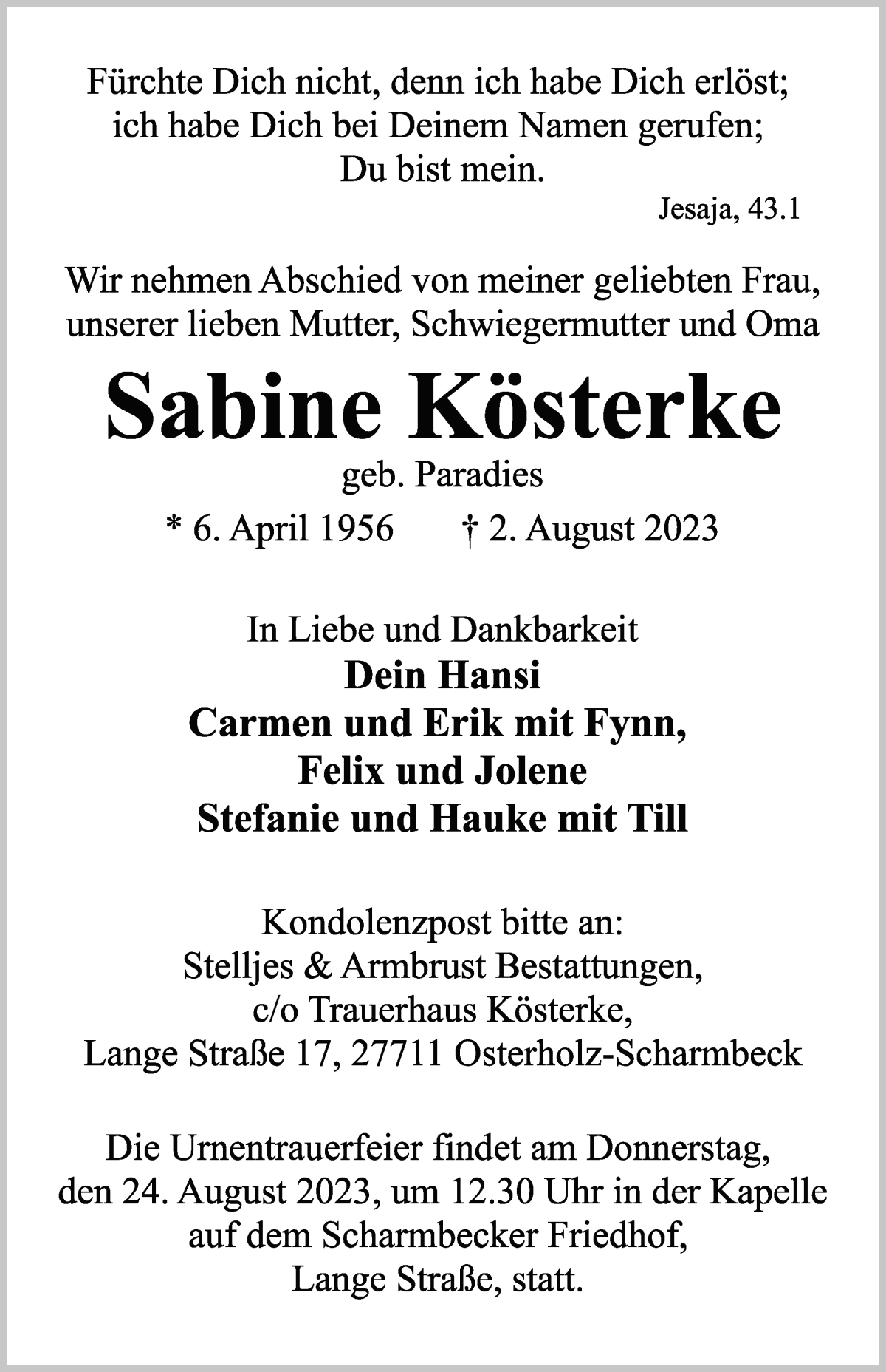 Traueranzeige von Sabine Kösterke von WESER-KURIER