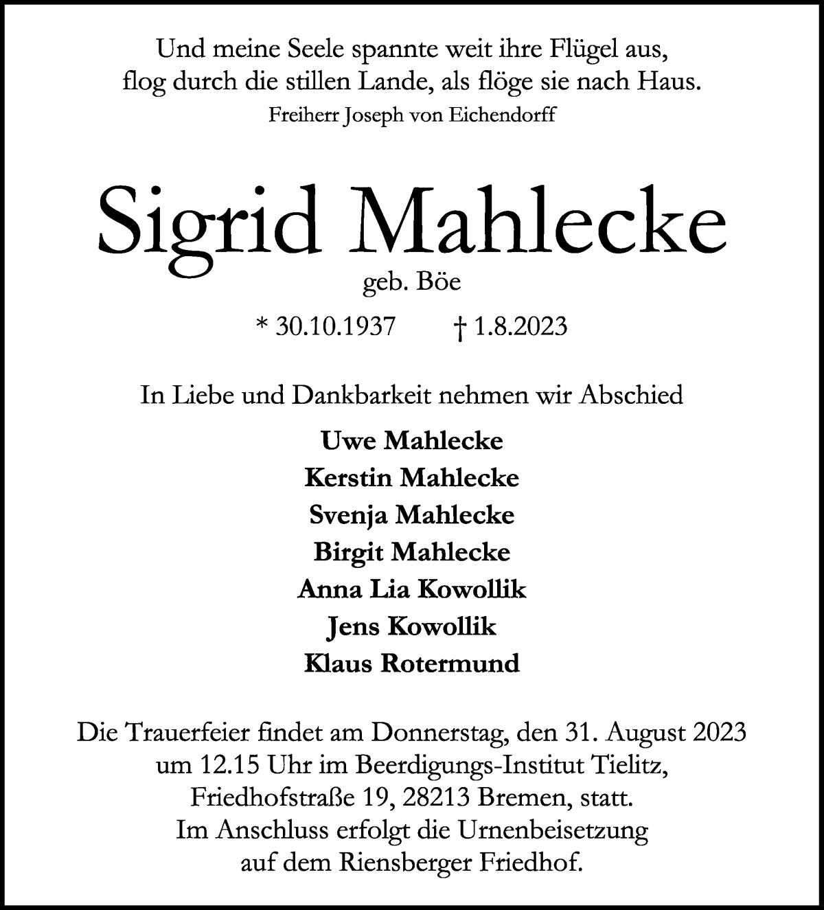 Traueranzeige von Sigrid Mahlecke von WESER-KURIER