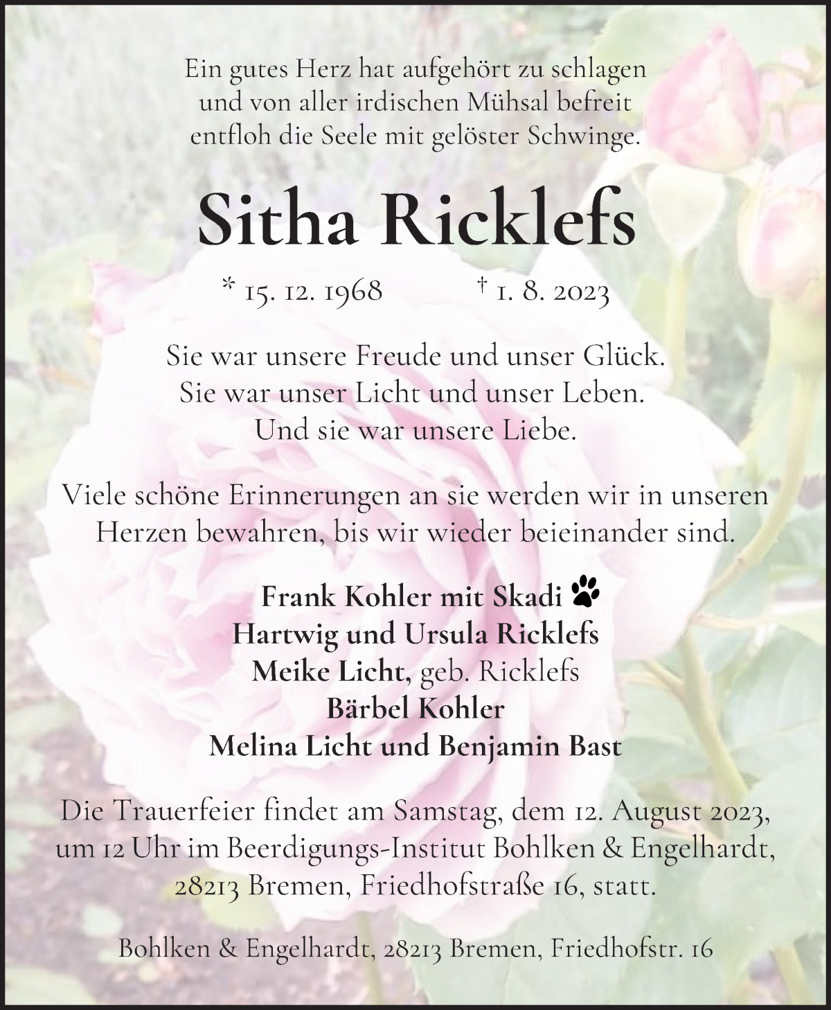 Traueranzeige von Sitha Ricklefs von WESER-KURIER