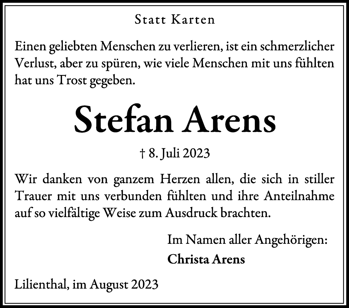 Traueranzeige von Stefan Arens von Wuemme Zeitung