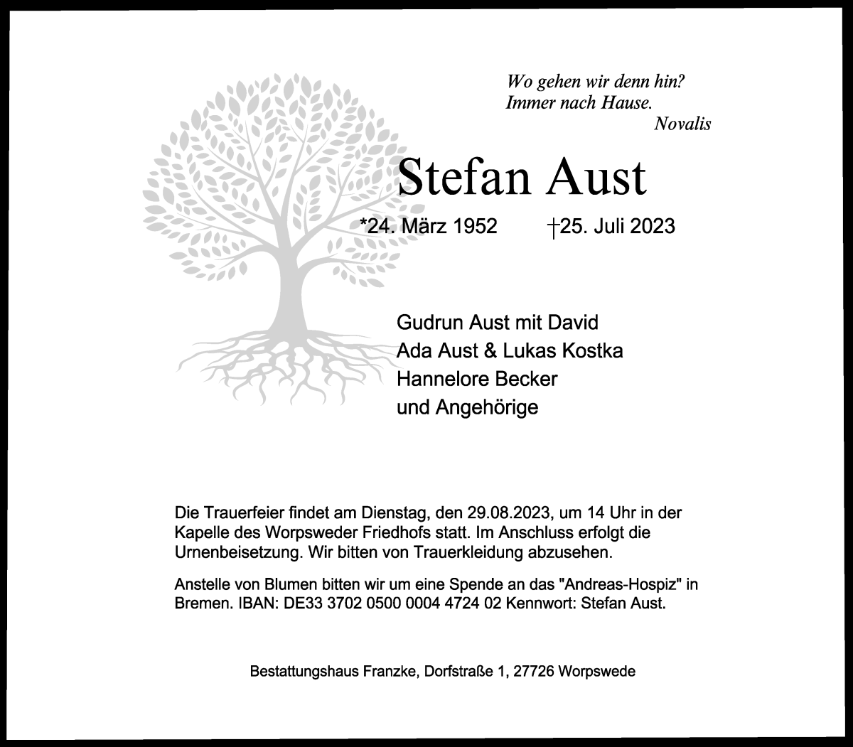 Traueranzeige von Stefan Aust von Wuemme Zeitung