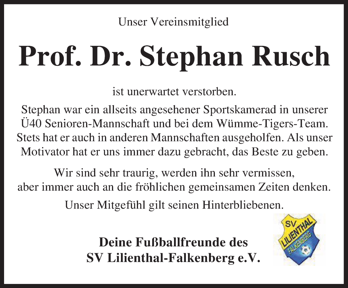 Traueranzeige von Stephan Rusch   von Wuemme Zeitung