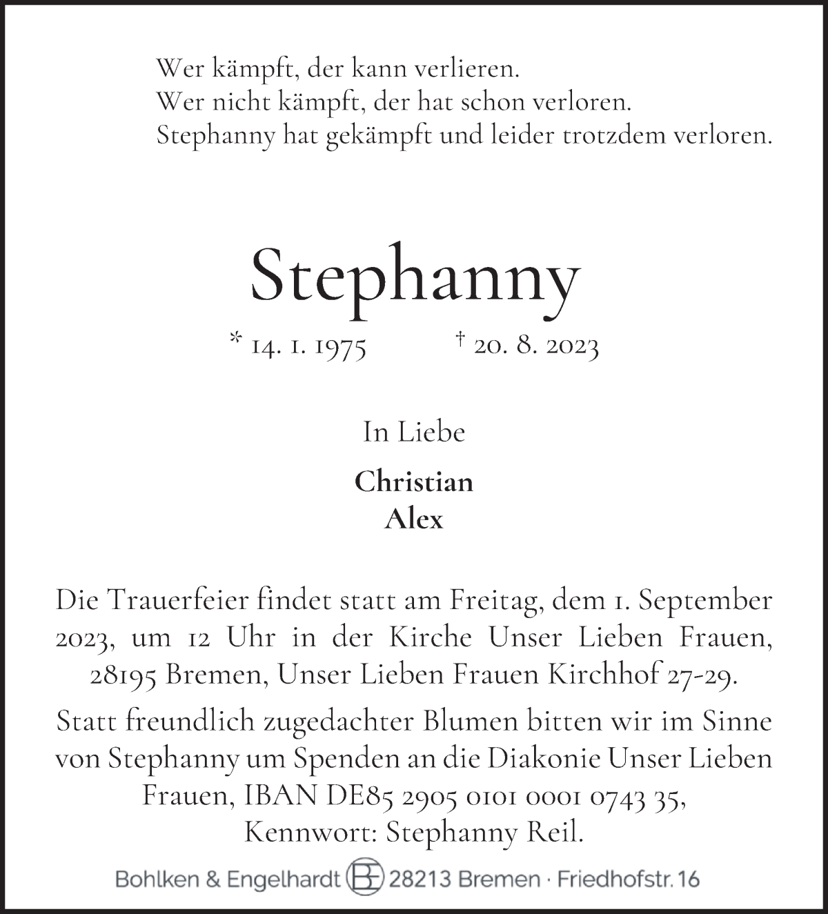 Traueranzeige von Stephanny Reil von WESER-KURIER