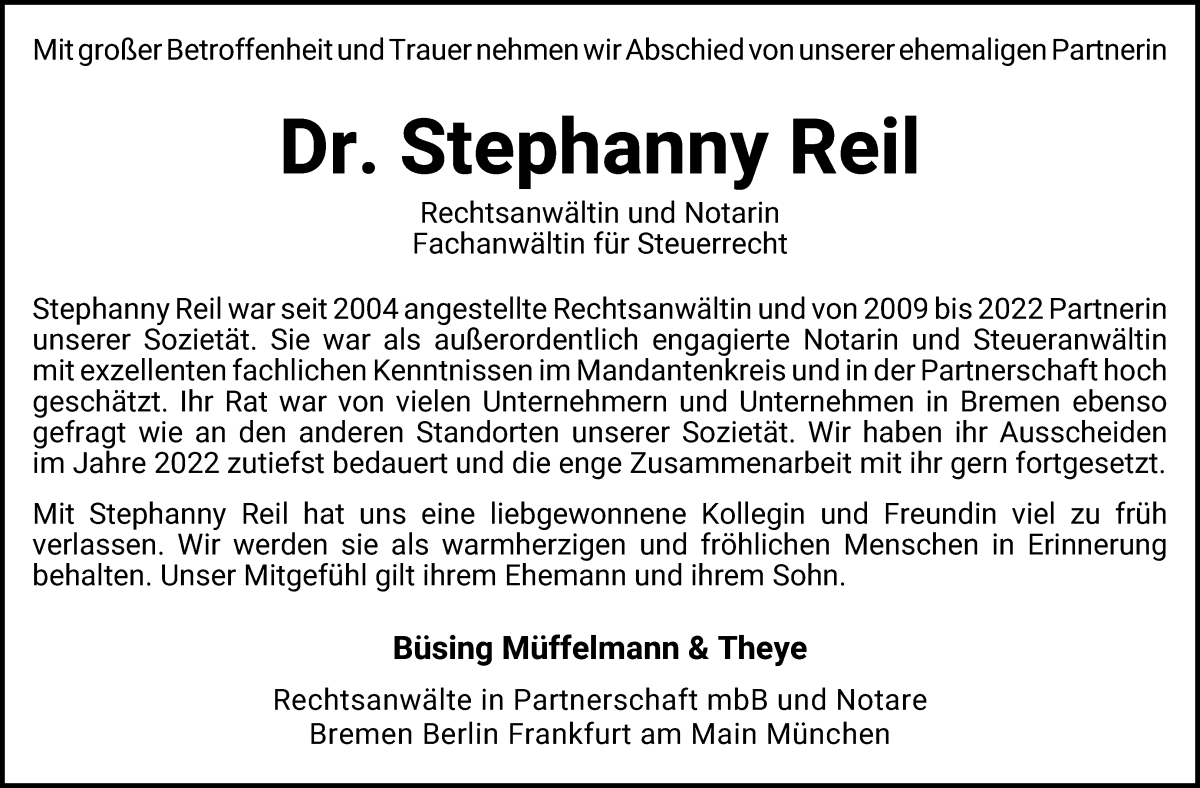 Traueranzeige von Stephanny Reil von WESER-KURIER