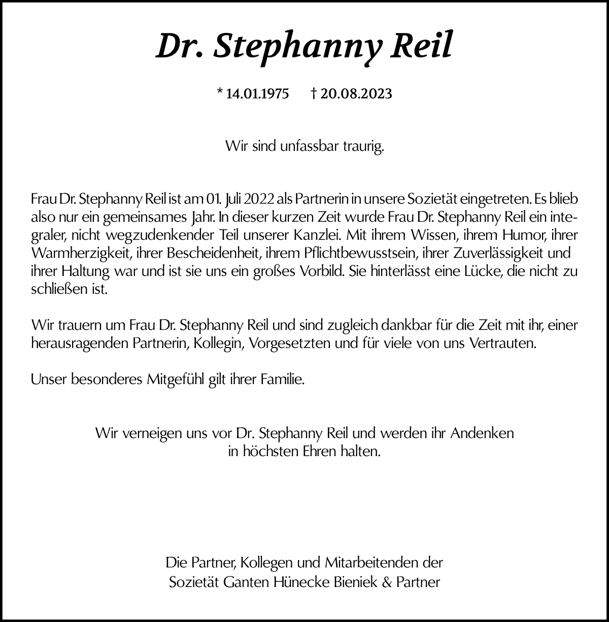Traueranzeige von Stephanny Reil von WESER-KURIER