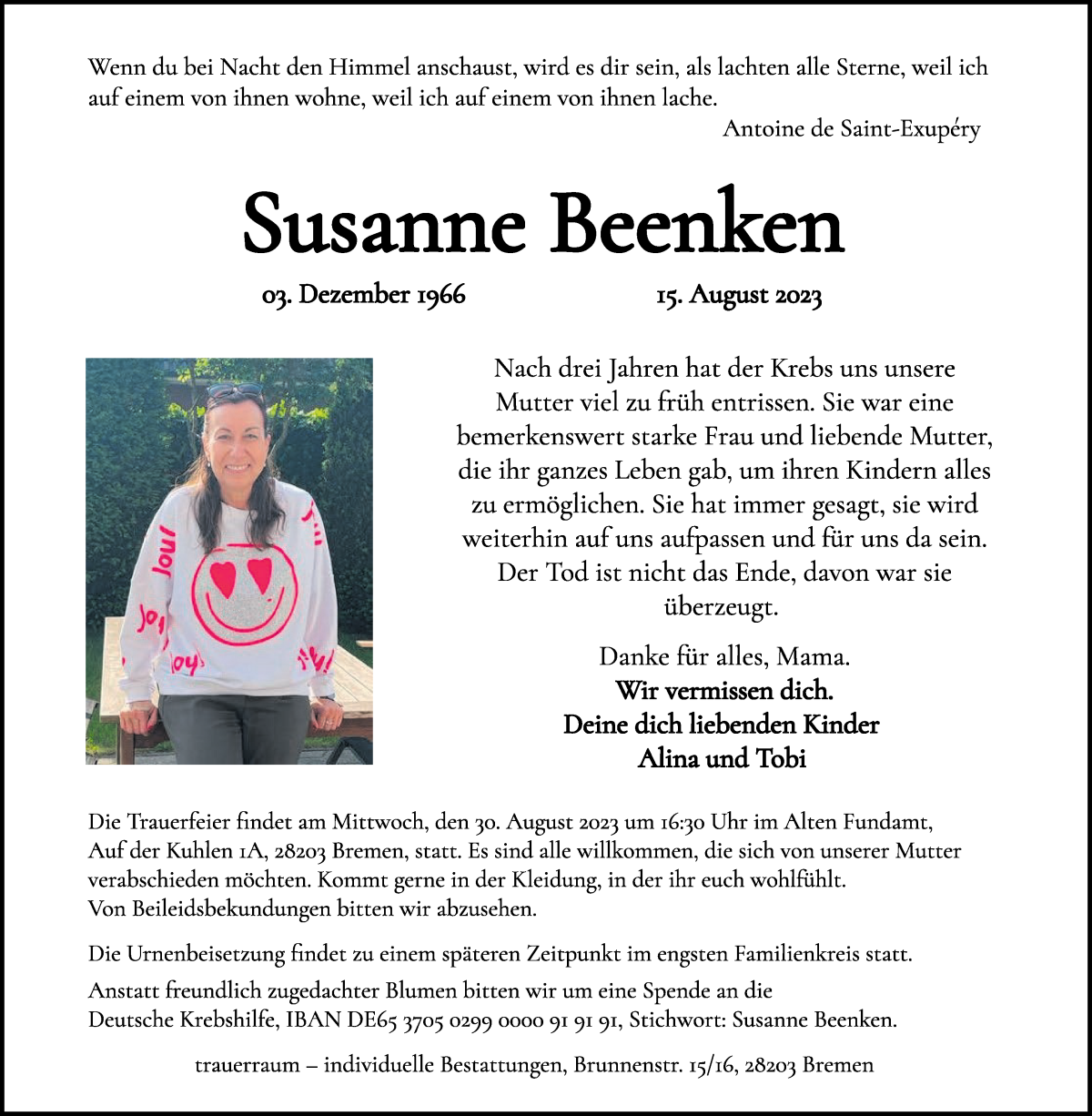 Traueranzeige von Susanne Beenken von WESER-KURIER