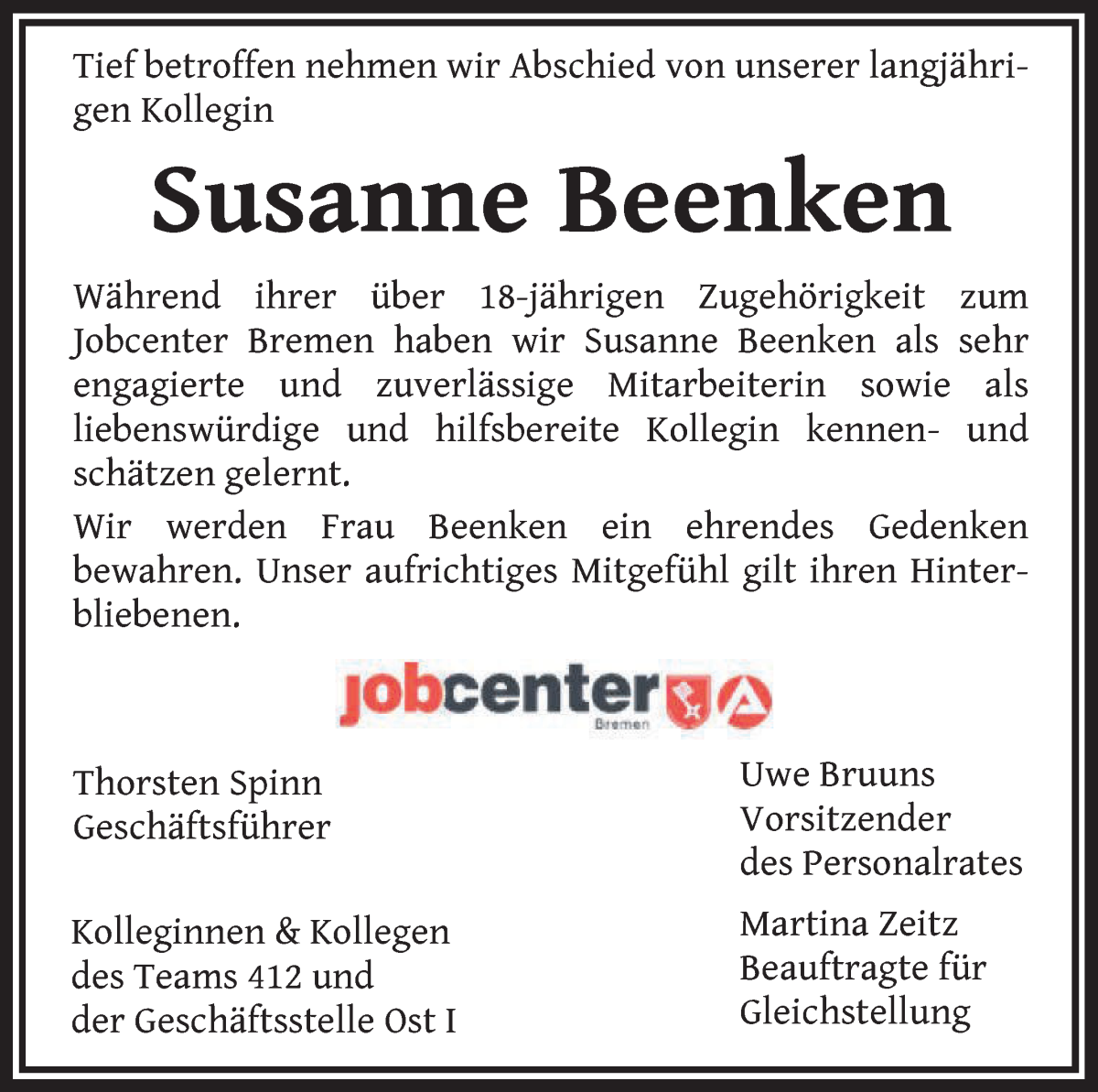 Traueranzeige von Susanne Beenken von WESER-KURIER