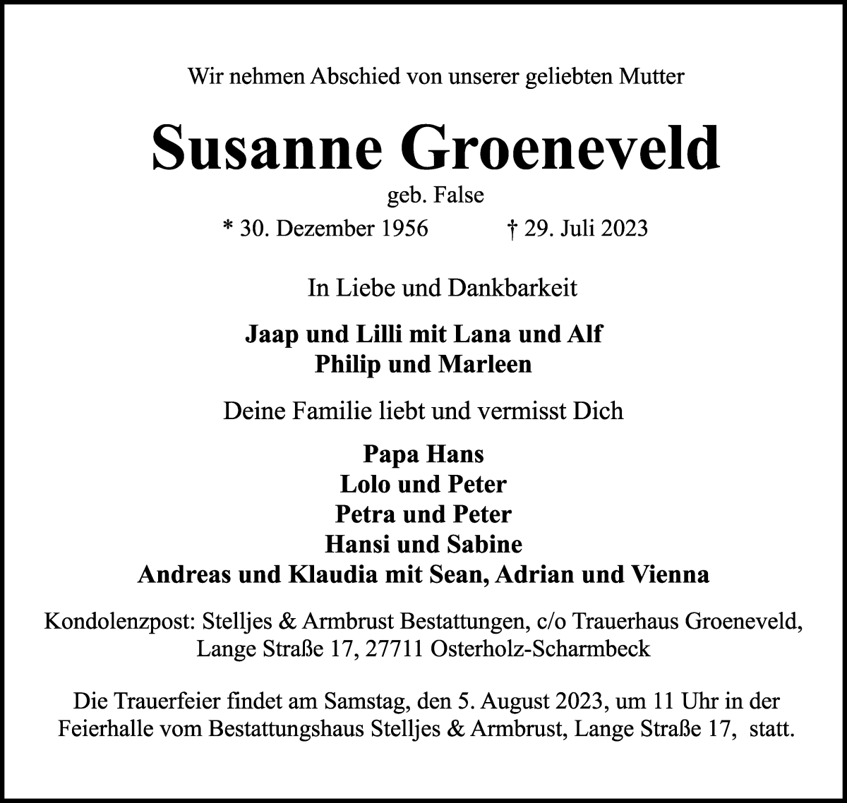 Traueranzeige von Susanne Groeneveld von Osterholzer Kreisblatt
