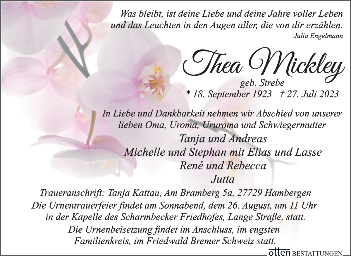 Traueranzeige von Thea Mickley von Osterholzer Kreisblatt