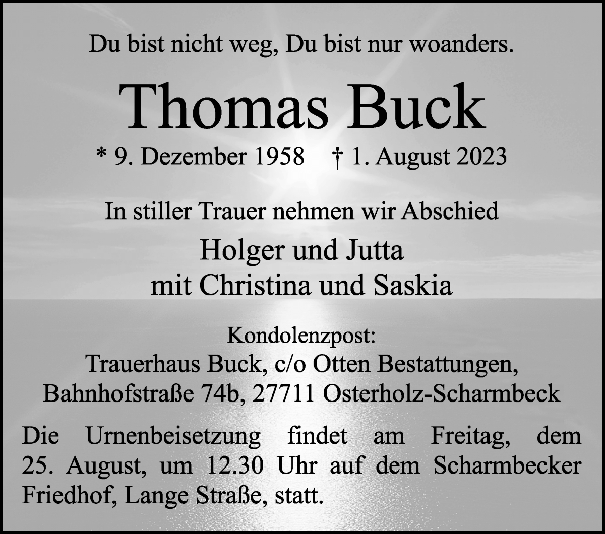 Traueranzeige von Thomas Buck von Osterholzer Kreisblatt