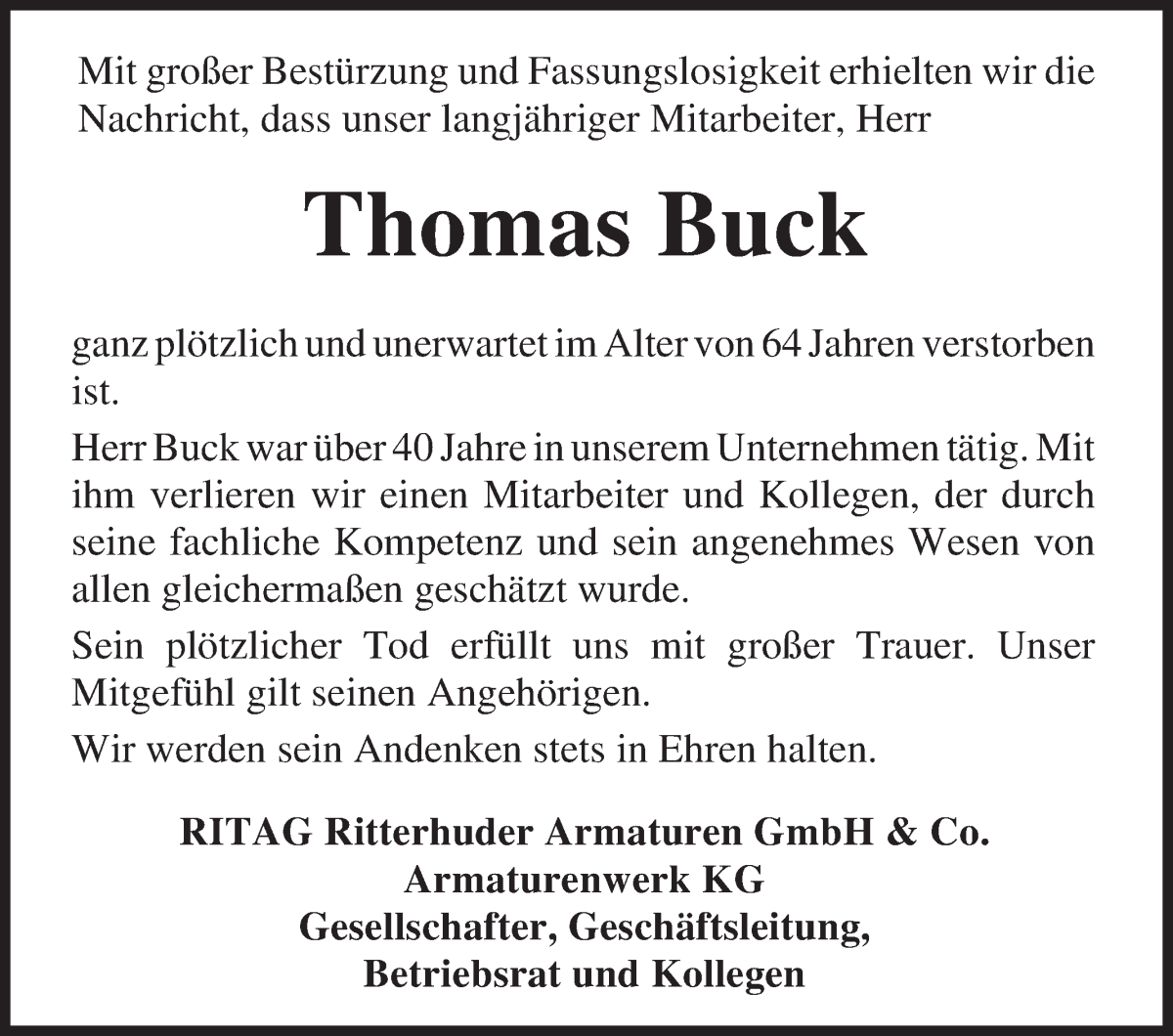 Traueranzeige von Thomas Buck von Osterholzer Kreisblatt