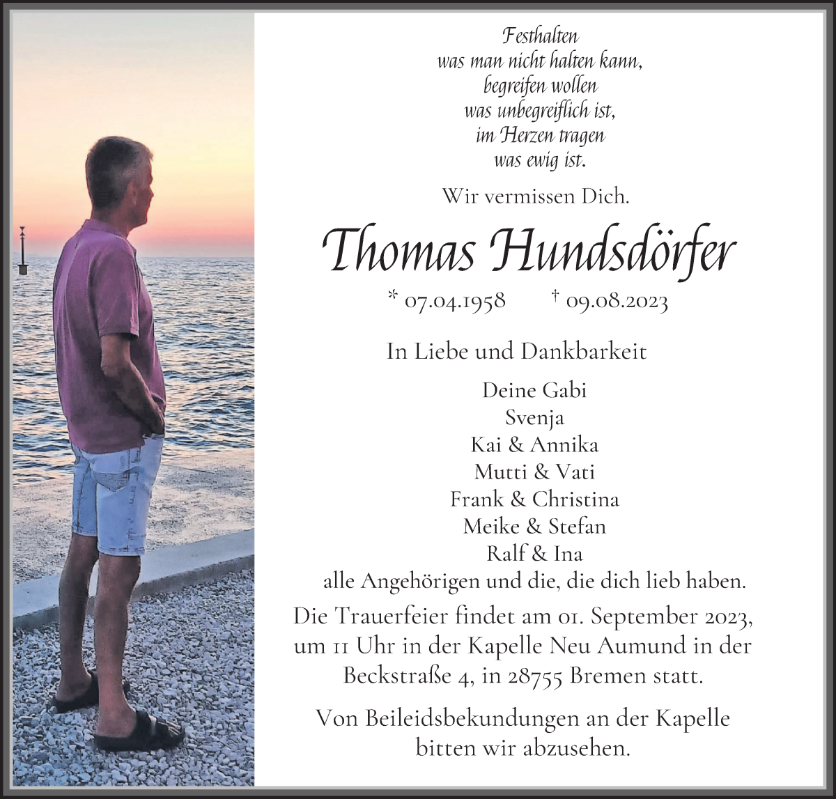 Traueranzeige von Thomas Hundsdörfer von Die Norddeutsche