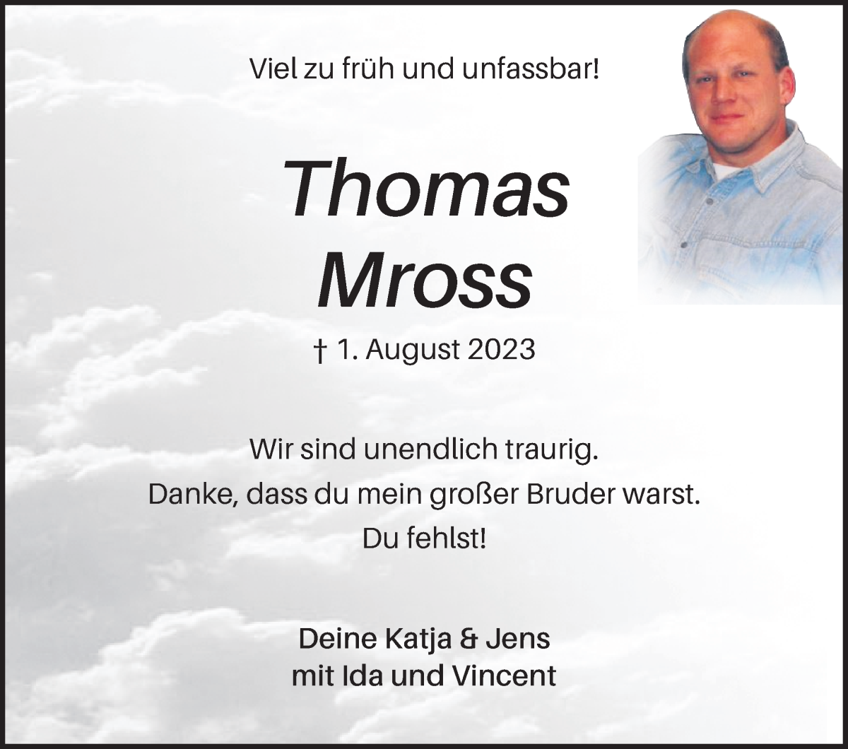Traueranzeige von Thomas Mross von Wuemme Zeitung