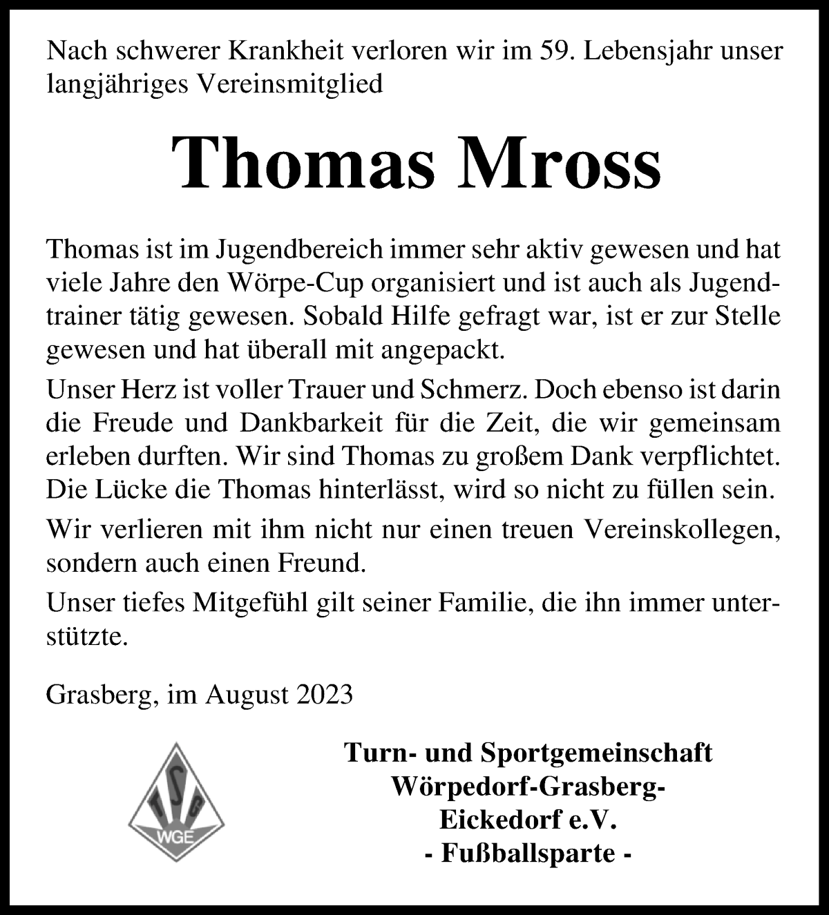 Traueranzeige von Thomas Mross von Wuemme Zeitung