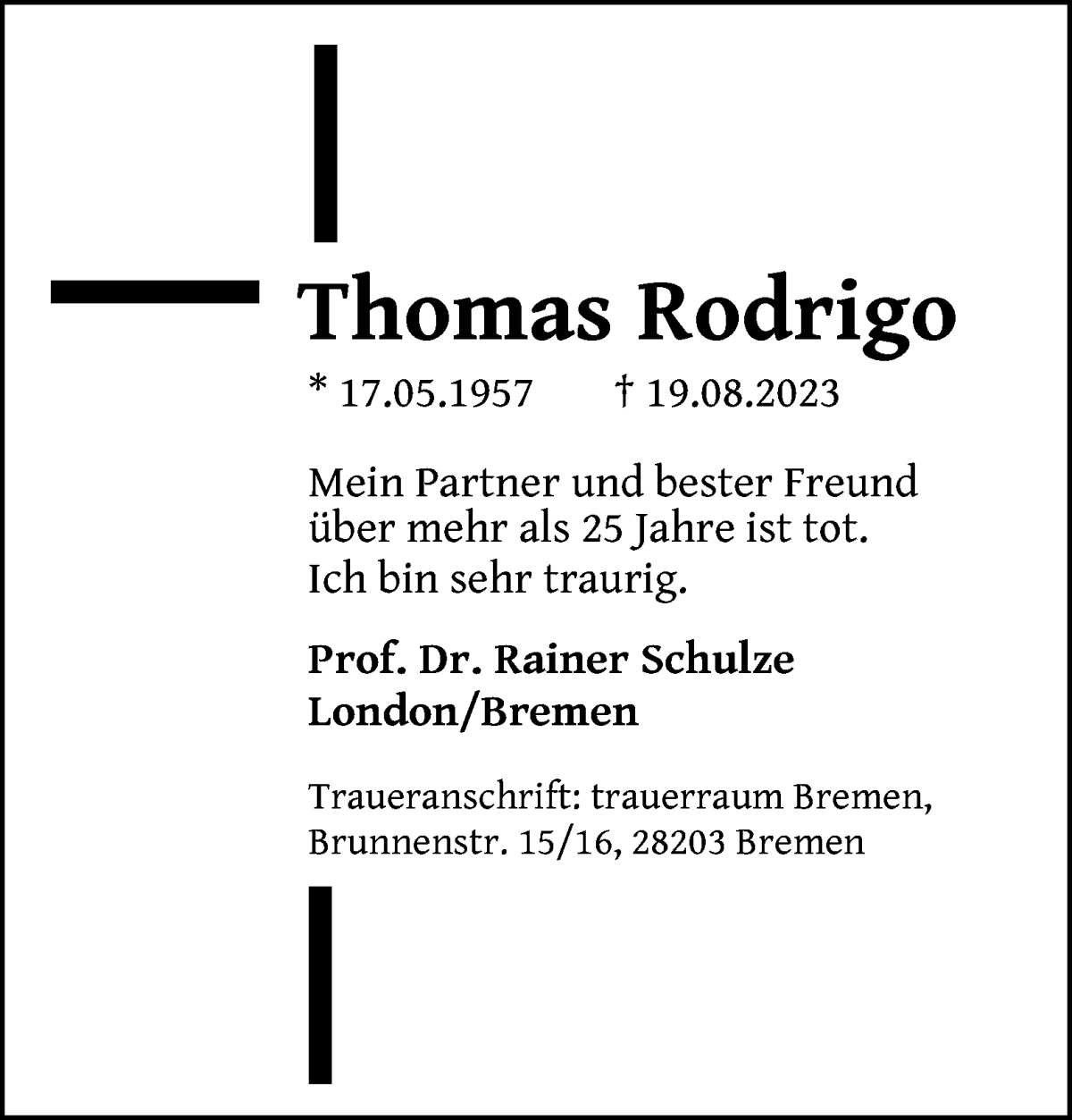Traueranzeige von Thomas Rodrigo von WESER-KURIER