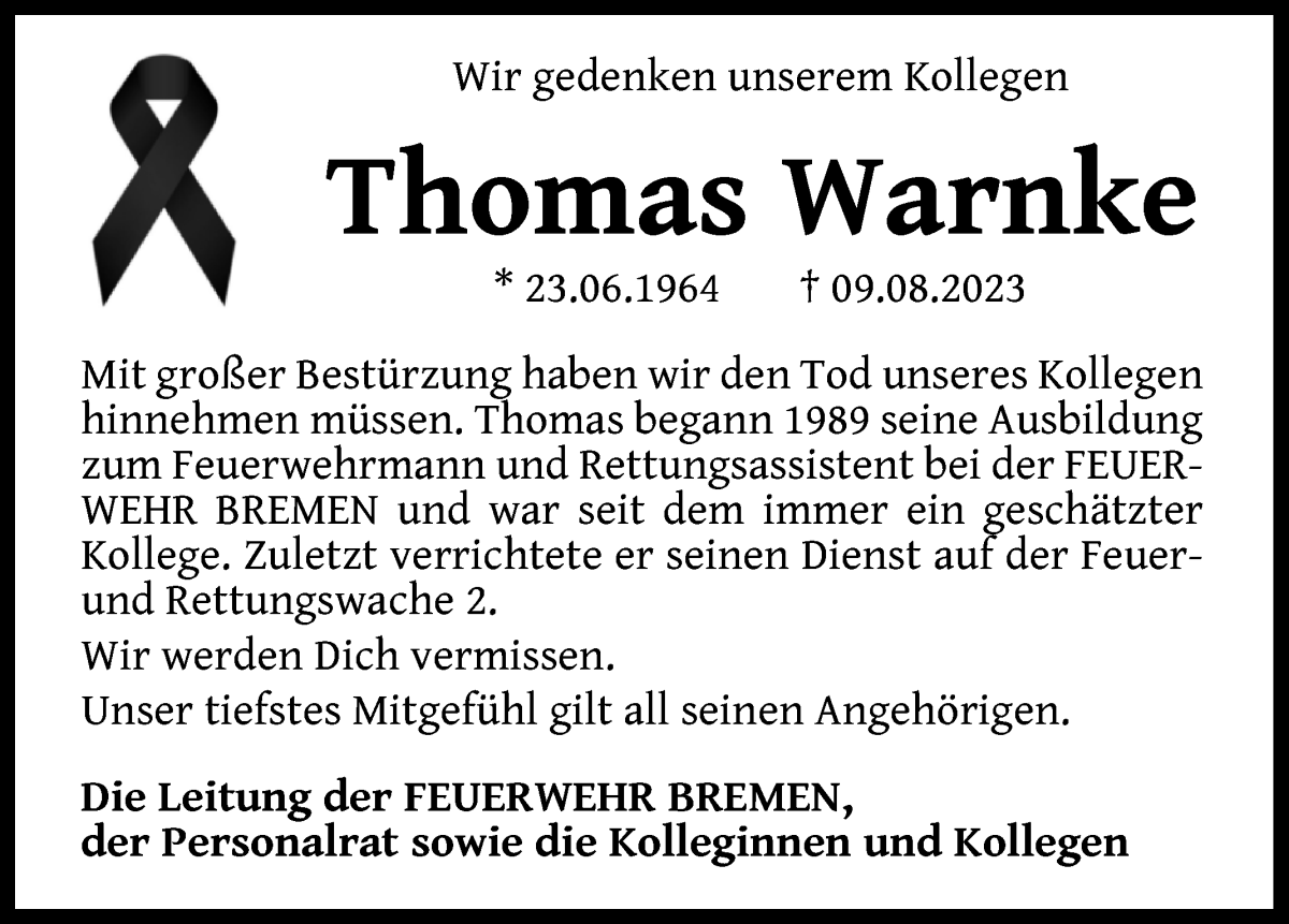 Traueranzeige von Thomas Warnke von WESER-KURIER