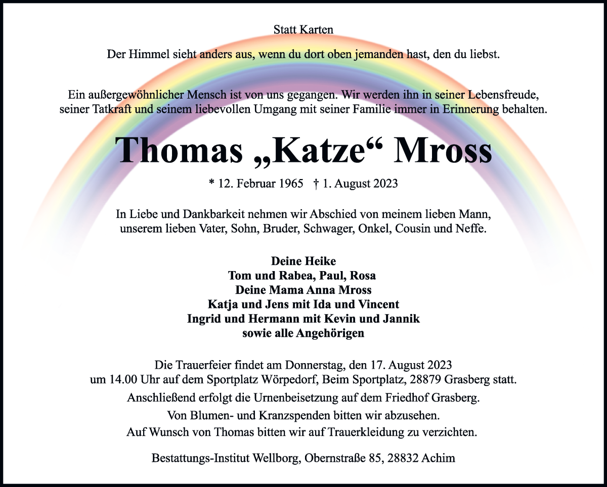 Traueranzeige von Thomas Katze Mross von Wuemme Zeitung