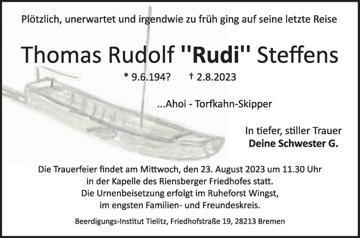 Traueranzeige von Thomas Rudolf Rudi Steffens von WESER-KURIER
