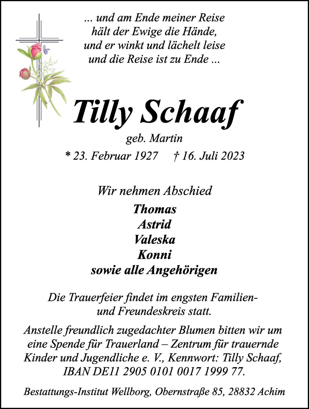 Traueranzeige von Tilly Schaaf von WESER-KURIER