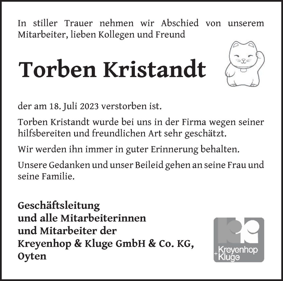 Traueranzeige von Torben Kristandt von WESER-KURIER