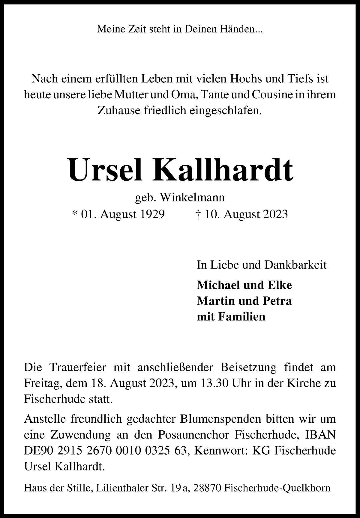 Traueranzeige von Ursel Kallhardt von Achimer Kurier/Verdener Nachrichten