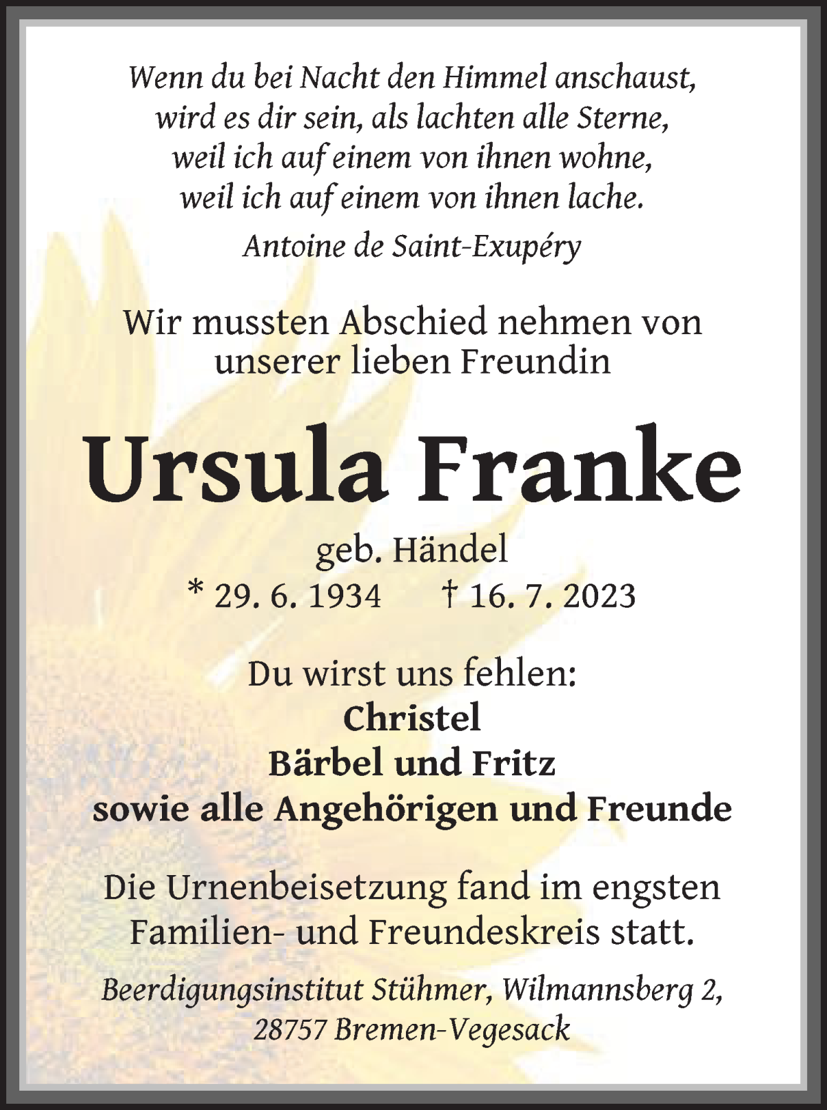Traueranzeige von Ursula Franke von Die Norddeutsche