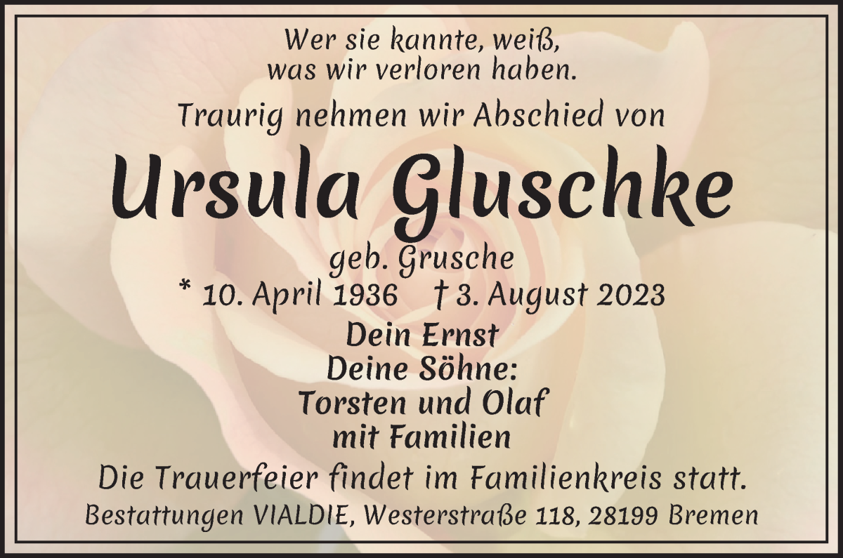 Traueranzeige von Ursula Gluschke von WESER-KURIER