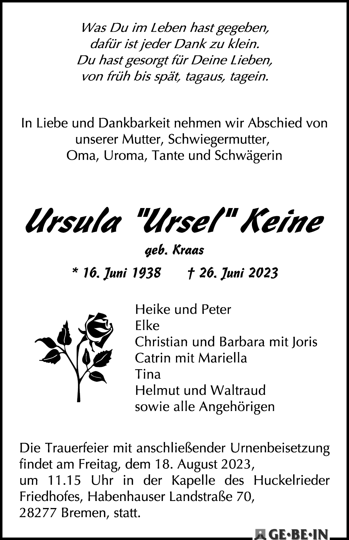 Traueranzeige von Ursula Keine von WESER-KURIER