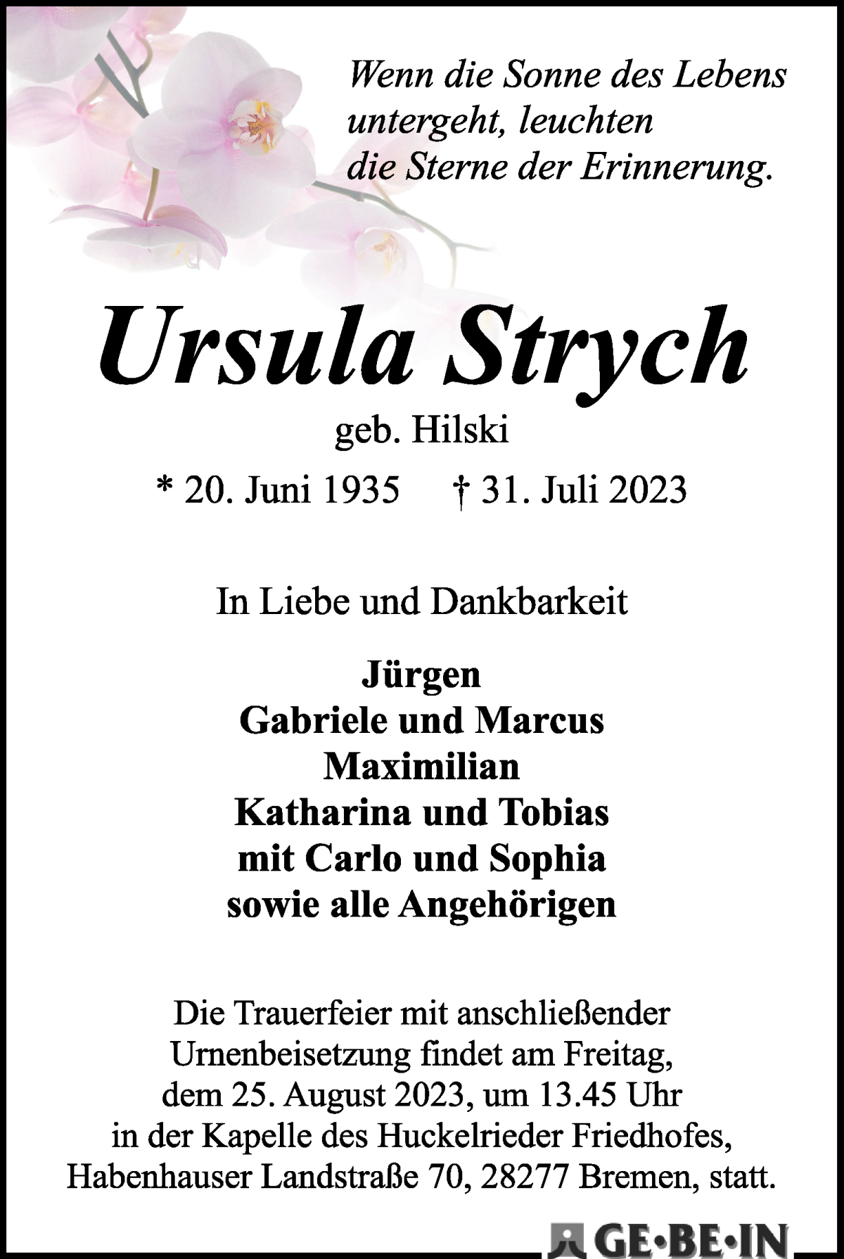 Traueranzeige von Ursula Strych von WESER-KURIER