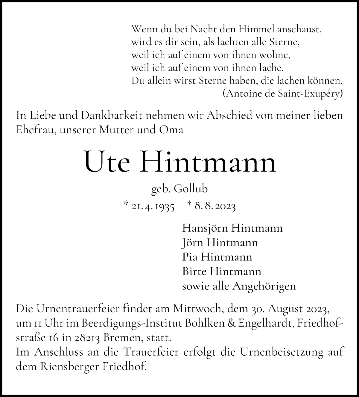 Traueranzeige von Ute Hintmann von WESER-KURIER