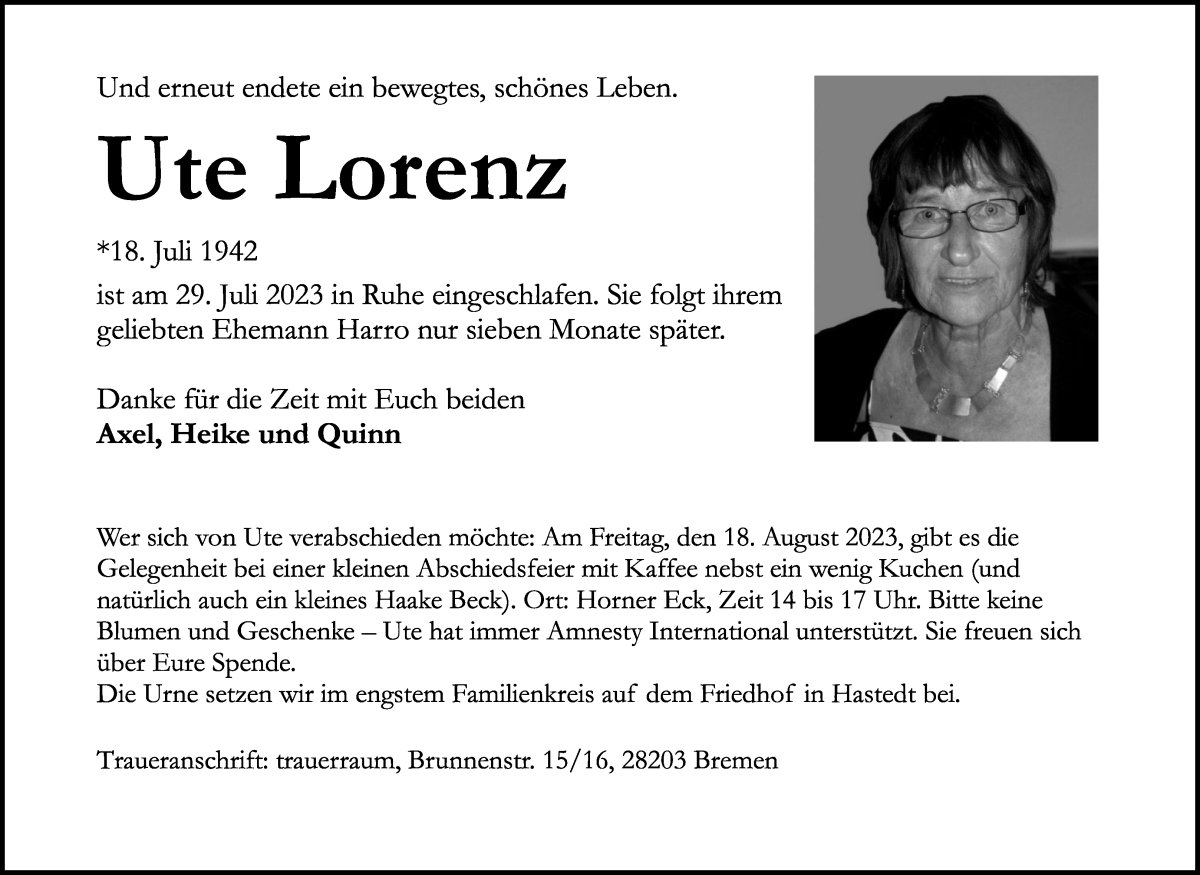 Traueranzeige von Ute Lorenz von WESER-KURIER