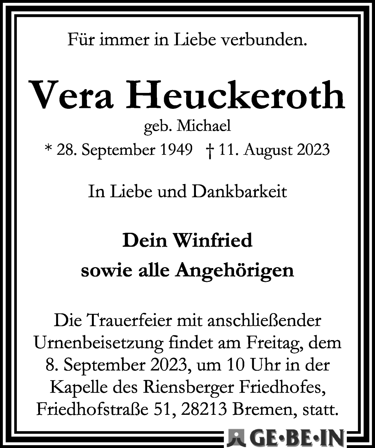 Traueranzeige von Vera Heuckeroth von WESER-KURIER