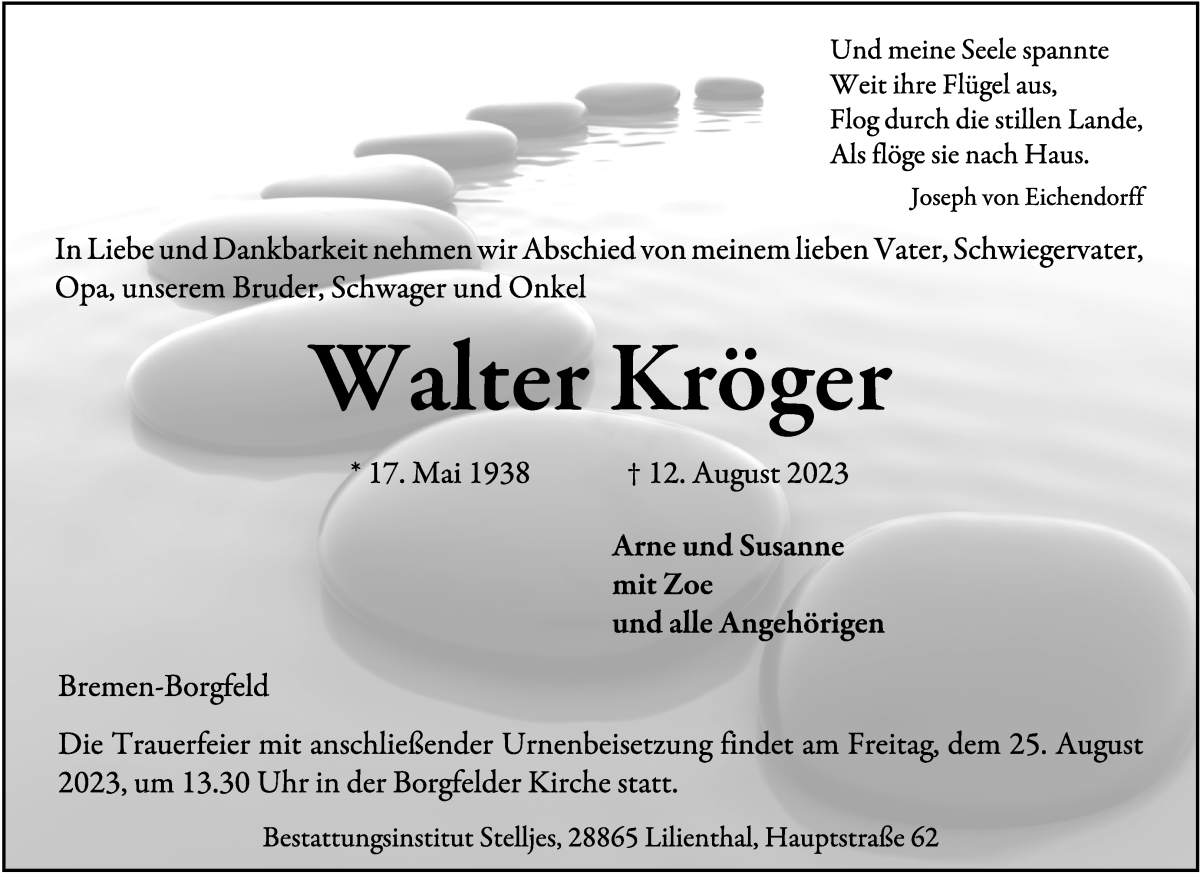 Traueranzeige von Walter Kröger von WESER-KURIER