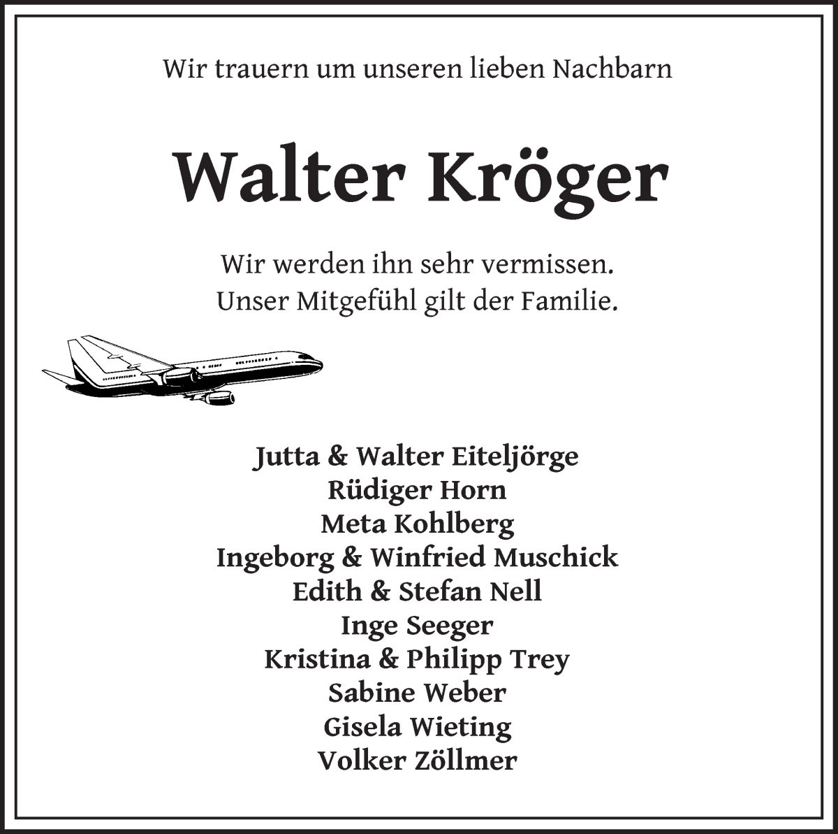 Traueranzeige von Walter Kröger von Wuemme Zeitung