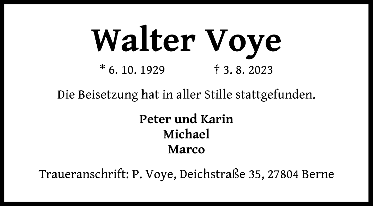 Traueranzeige von Walter Voye von Die Norddeutsche