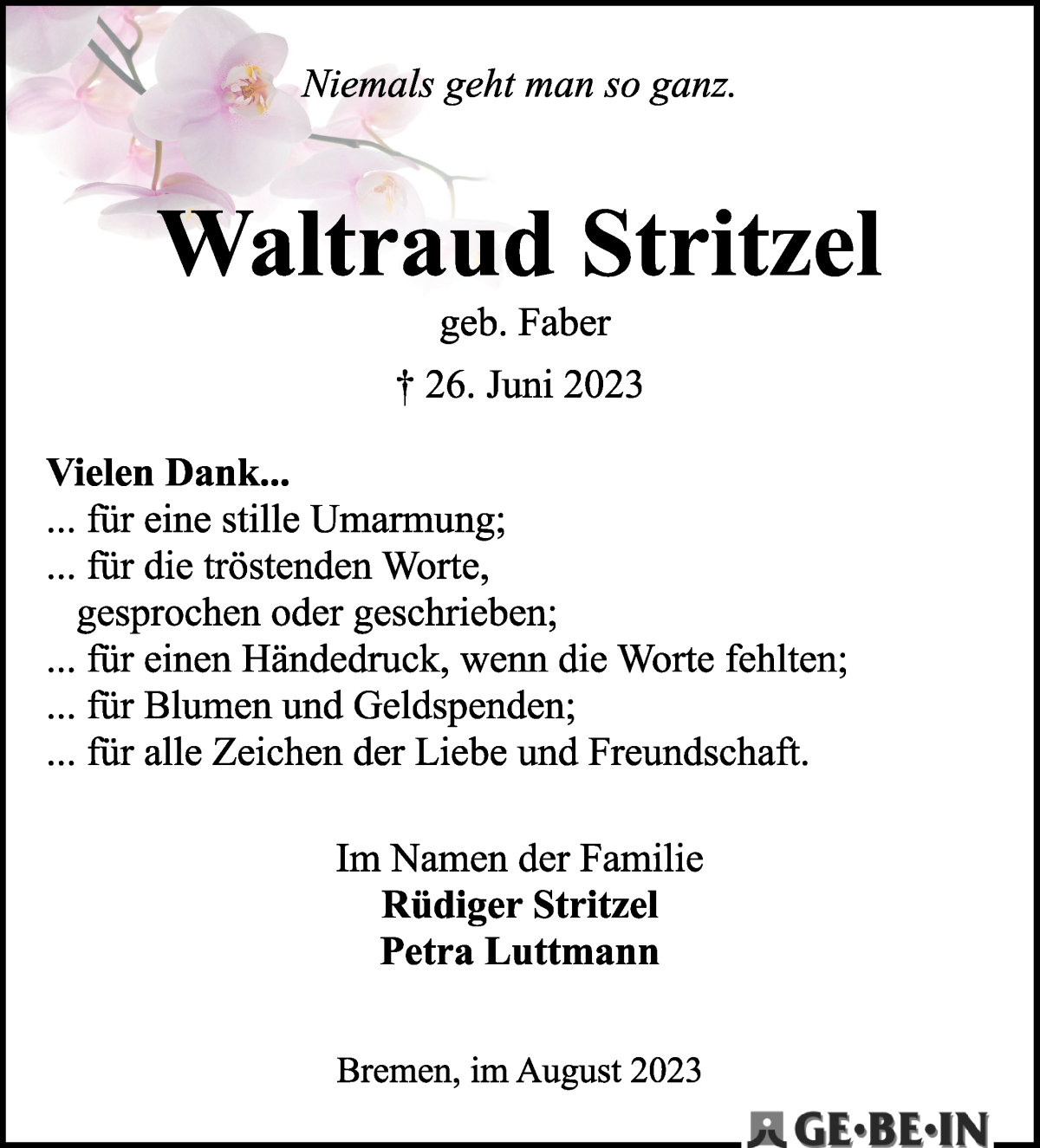 Traueranzeige von Waltraud Stritzel von WESER-KURIER