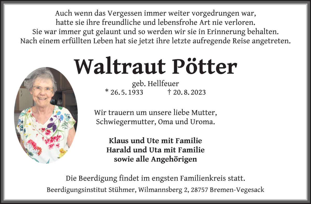 Traueranzeige von Waltraut Pötter von WESER-KURIER